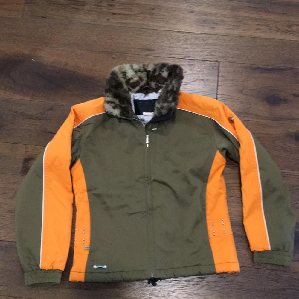 Spyder Kids Ski Jacket (Youth 14) Orange and Tan with Fur Collar